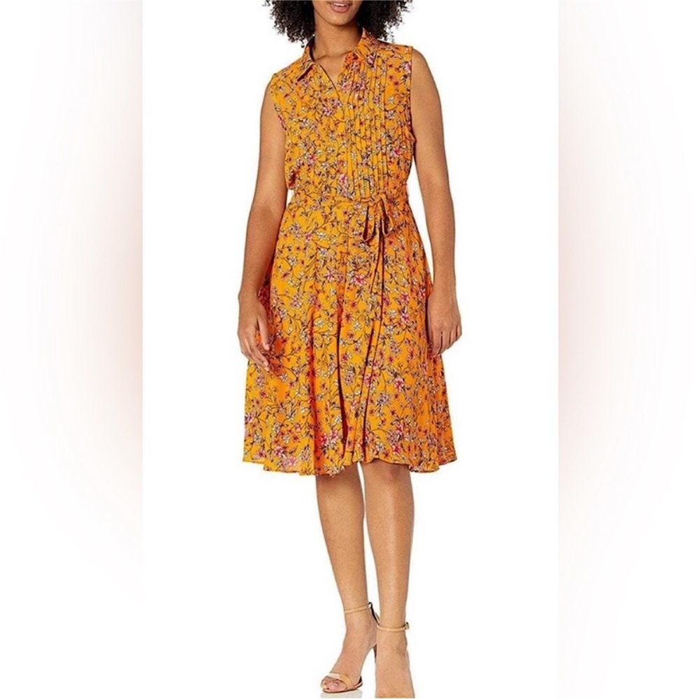 🍊 Nanette Lepore Orange Floral Pintuck Midi Dress Kentucky Derby– Size 10 - Picture 15 of 16